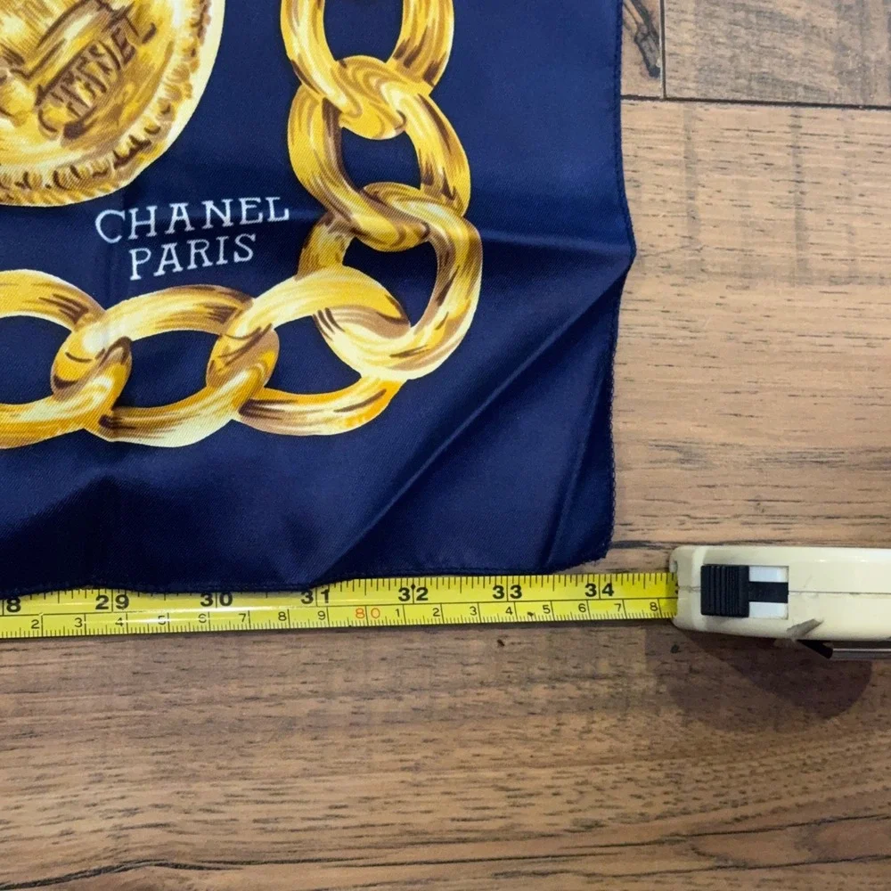 Chanel CC Gold Chain Medallion Silk Square Scarf Navy Blue